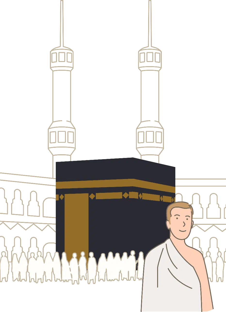 Huzur dolu kutsal topraklarda ibadet eden, rehber eşliğinde manevi yolculuğa çıkan Umre ziyaretçilerini simgeleyen görsel.